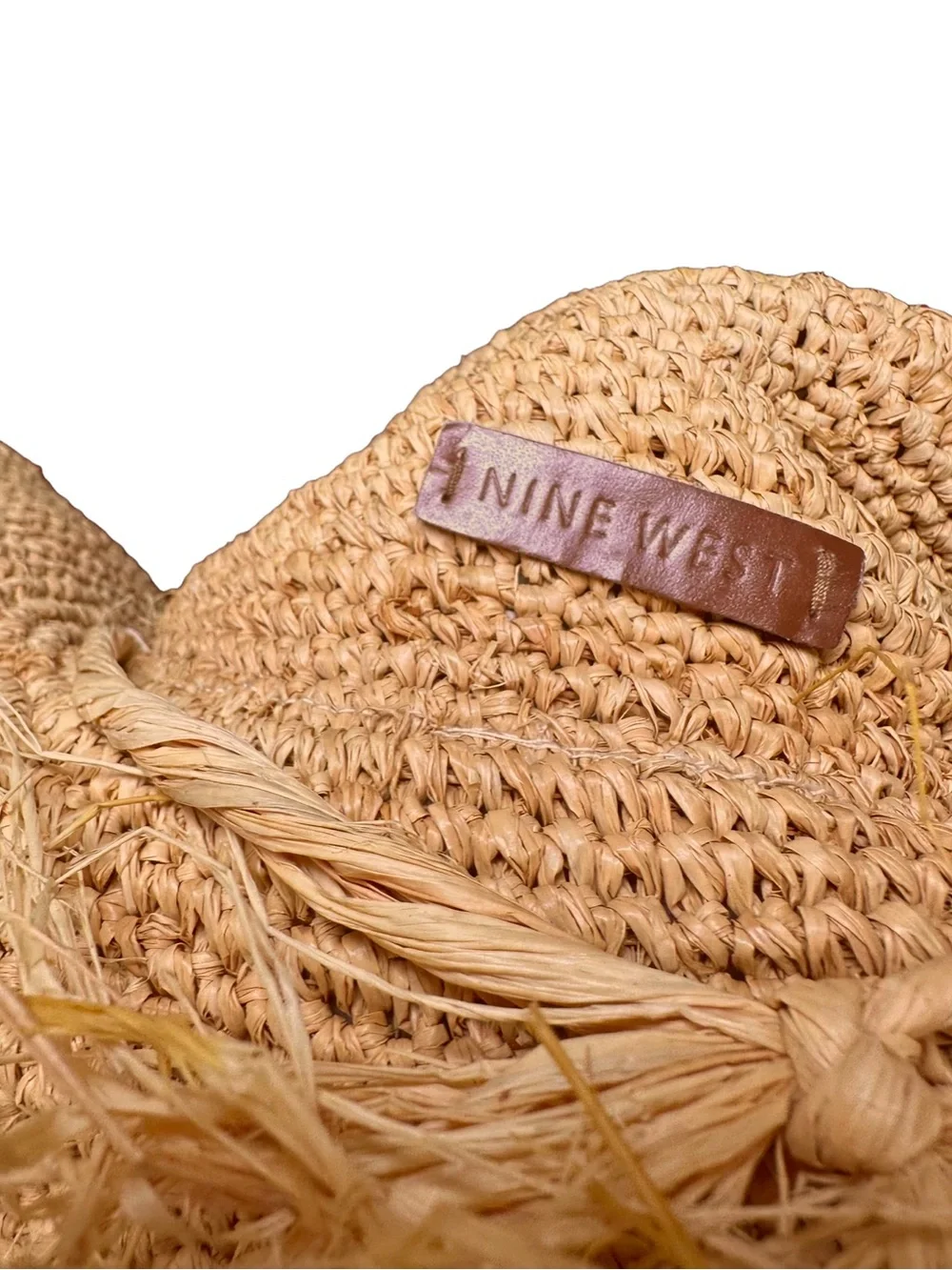 Nine West Natural Raffia Straw Wide Brim Floppy Hat - Brown Chin Strap